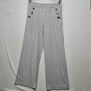 Robert Louis Pants Womens 1X Black White Striped Wide Leg Button Front Nautical